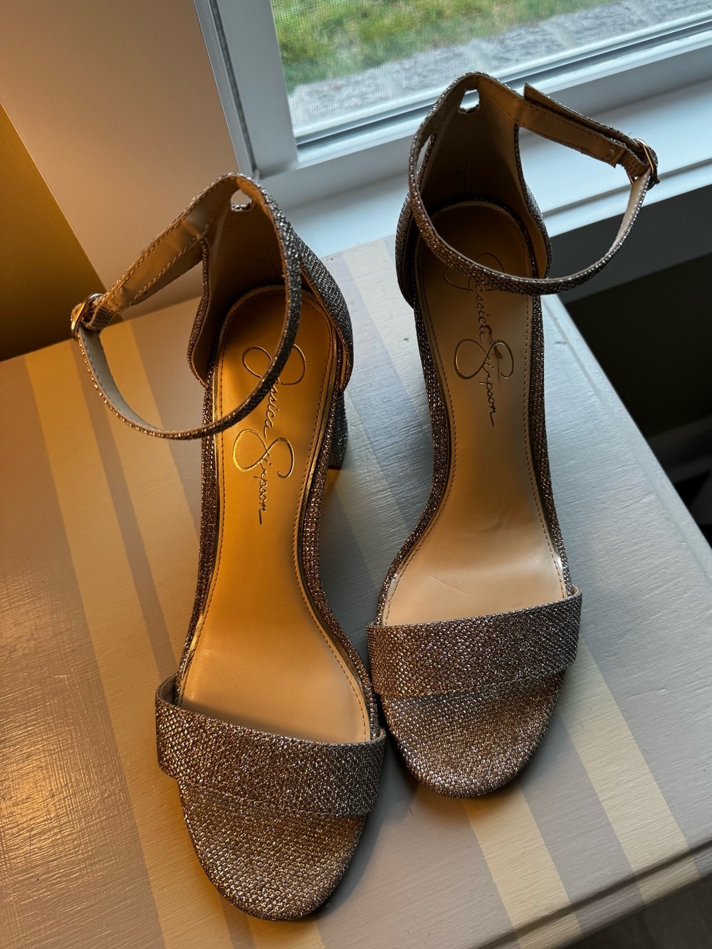 Jessica Simpson Shimmery Champagne Ankle-Strap Block Heels